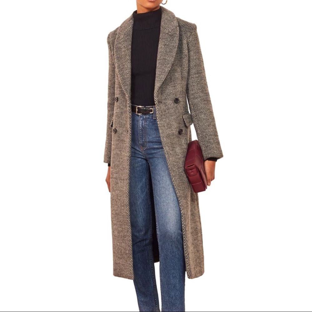 Reformation Gray Herringbone Double-Breasted Wool-Blend Coat
